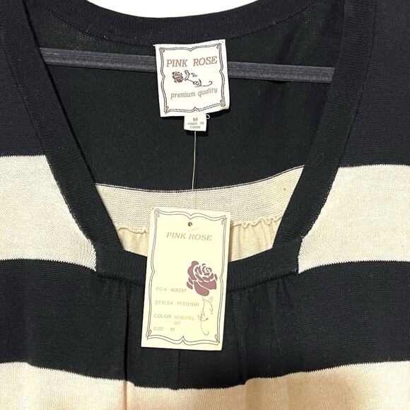 Pink Rose (M) Square Neck 1/2 Sleeve Sweater Dress Wide Stripe Two Pocket - Picture 4 of 12